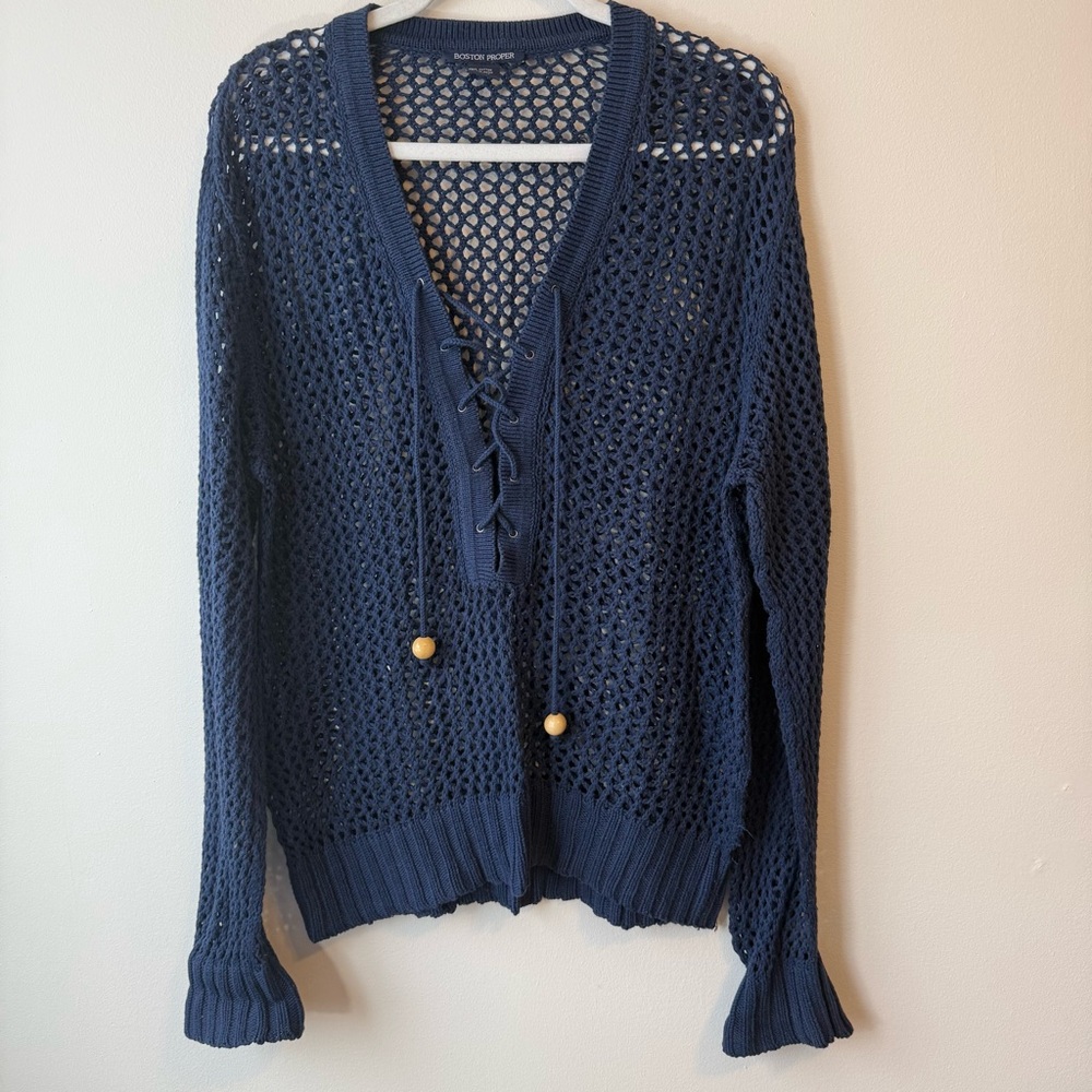 Woman’s Boston Proper Knit Lace Up V Neck Sweater | Size Large | Navy